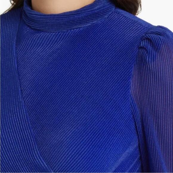 Saylor Margie Metallic Blue Plisse Long Sleeve Mini Dress Size XS - Picture 3 of 11